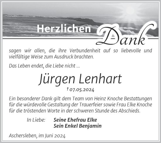 Traueranzeige von Jürgen Lenhart von Trauerkombi Aschersleben