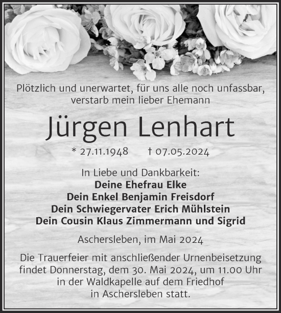 Traueranzeige von Jürgen Lenhart von Trauerkombi Aschersleben