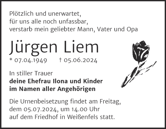 Traueranzeige von Jürgen Liem von Trauerkombi Weißenfels