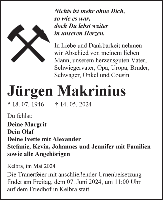 Traueranzeige von Jürgen Makrinius von Trauerkombi Sangerhausen