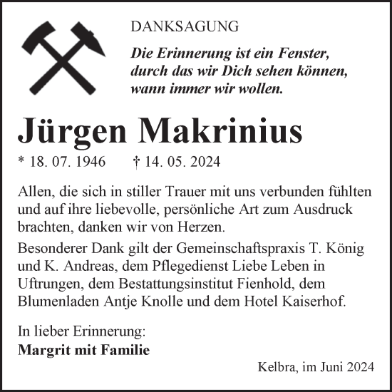 Traueranzeige von Jürgen Makrinius von Trauerkombi Sangerhausen