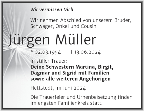 Traueranzeige von Jürgen Müller von Trauerkombi Mansfelder Land