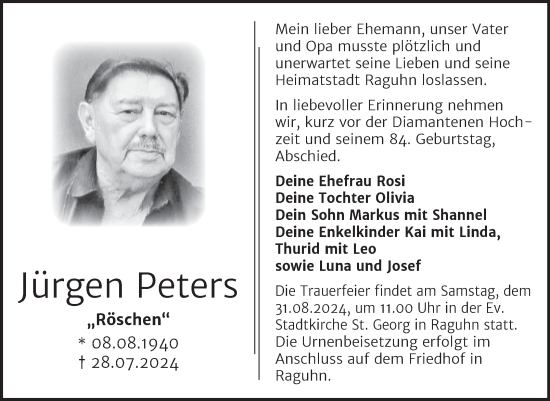 Traueranzeige von Jürgen Peters von Trauerkombi Bitterfeld