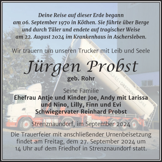 Traueranzeige von Jürgen Probst von Trauerkombi Bernburg