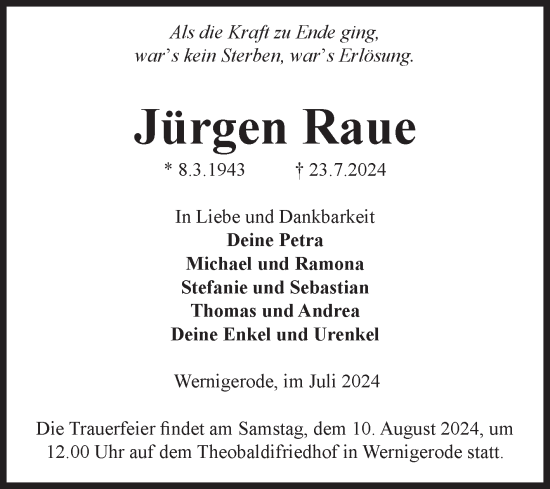 Traueranzeige von Jürgen Raue von Volksstimme Wernigerode
