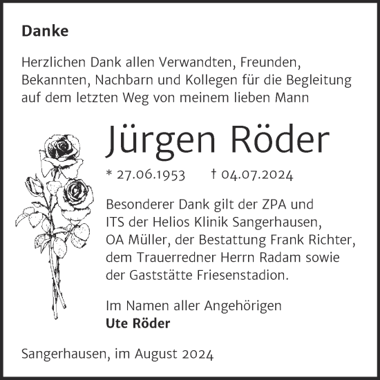 Traueranzeige von Jürgen Röder von Trauerkombi Sangerhausen