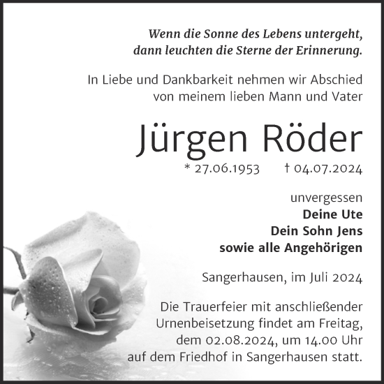 Traueranzeige von Jürgen Röder von Trauerkombi Sangerhausen