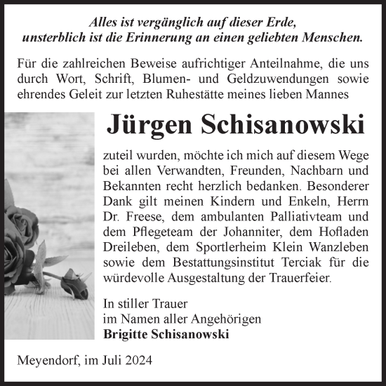 Traueranzeige von Jürgen Schisanowski von Volksstimme Oschersleben/Wanzleben