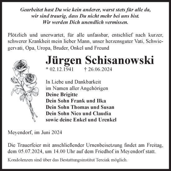 Traueranzeige von Jürgen Schisanowski von Volksstimme Oschersleben/Wanzleben