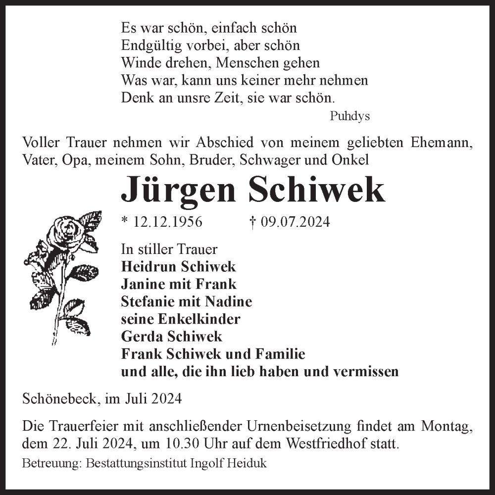  Traueranzeige für Jürgen Schiwek vom 13.07.2024 aus Volksstimme Schönebeck
