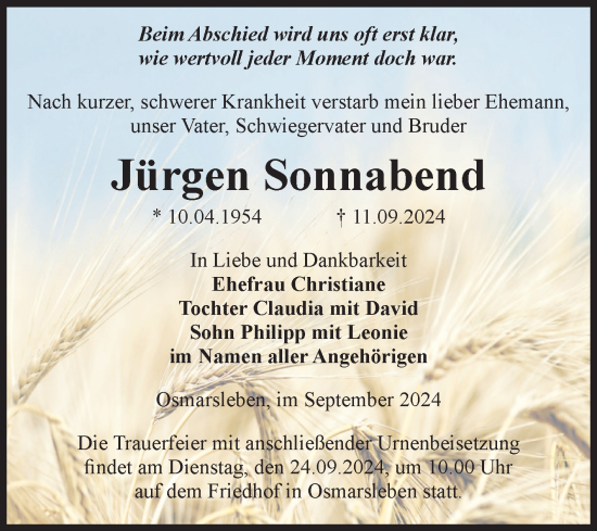 Traueranzeige von Jürgen Sonnabend von Volksstimme Staßfurt