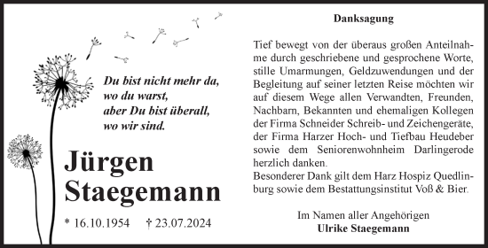 Traueranzeige von Jürgen Staegemann von Volksstimme Wernigerode