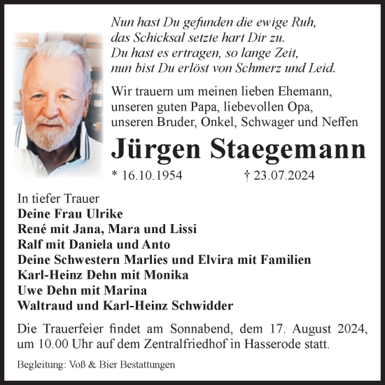 Traueranzeige von Jürgen Staegemann von Volksstimme Wernigerode