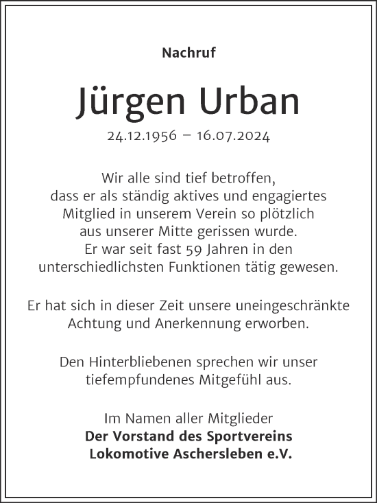 Traueranzeige von Jürgen Urban von Trauerkombi Aschersleben