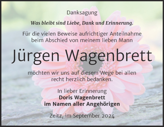 Traueranzeige von Jürgen Wagenbrett von Super Sonntag Zeitz