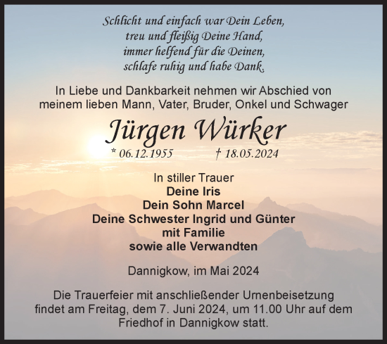 Traueranzeige von Jürgen Würker von Volksstimme Burg/Genthin
