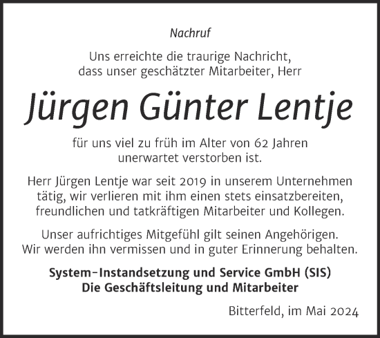 Traueranzeige von Jürgen Günter Lentje von Mitteldeutsche Zeitung Bitterfeld