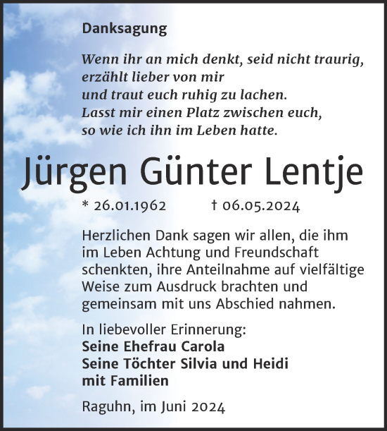 Traueranzeige von Jürgen Günter Lentje von Trauerkombi Bitterfeld