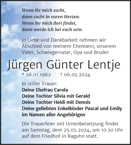 Traueranzeige von Jürgen Günter Lentje von Trauerkombi Bitterfeld