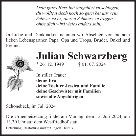Traueranzeige von Julian Schwarzberg von Volksstimme Schönebeck