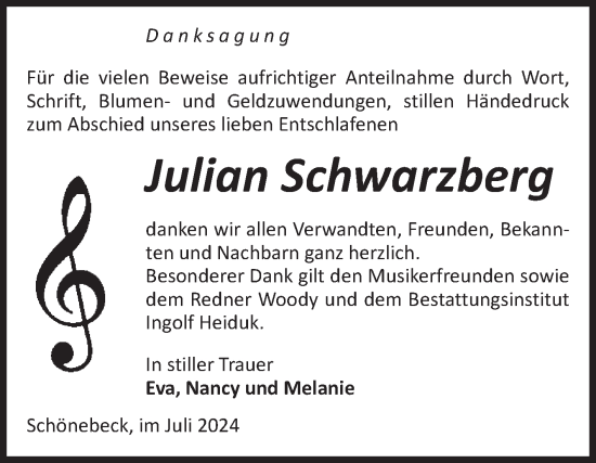Traueranzeige von Julian Schwarzberg von Volksstimme Schönebeck