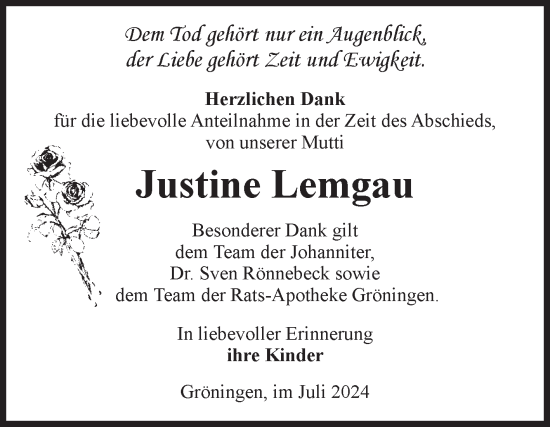 Traueranzeige von Justine Lemgau von Volksstimme Oschersleben/Wanzleben