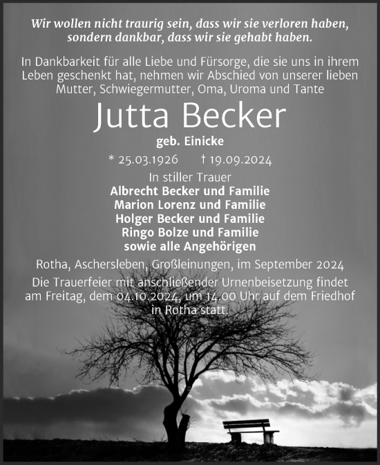 Traueranzeige von Jutta Becker von Trauerkombi Sangerhausen