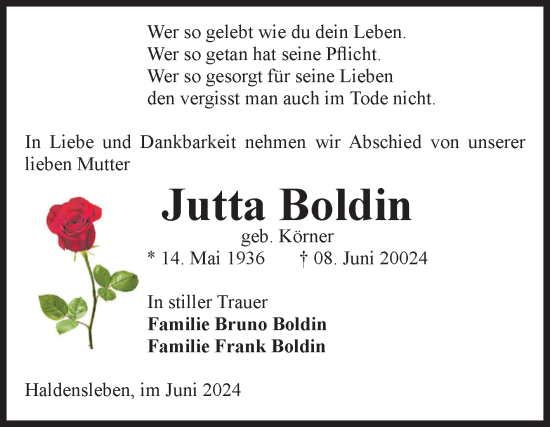 Traueranzeige von Jutta Boldin von Volksstimme Haldensleben/Wolmirstedt