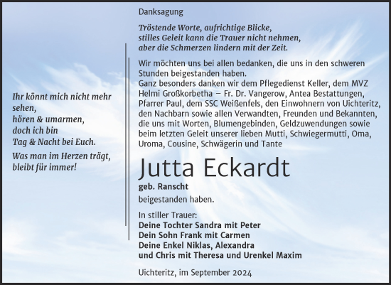 Traueranzeige von Jutta Eckardt von Trauerkombi Weißenfels