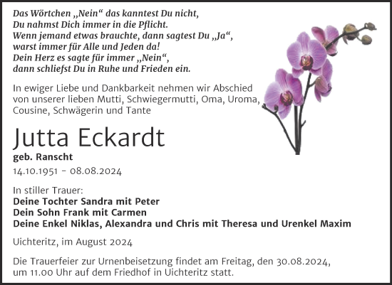 Traueranzeige von Jutta Eckardt von Trauerkombi Weißenfels