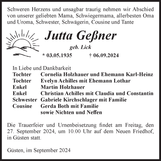 Traueranzeige von Jutta Geßner von Volksstimme Staßfurt