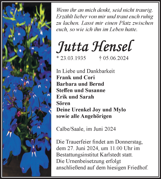 Traueranzeige von Jutta Hensel von Volksstimme Schönebeck