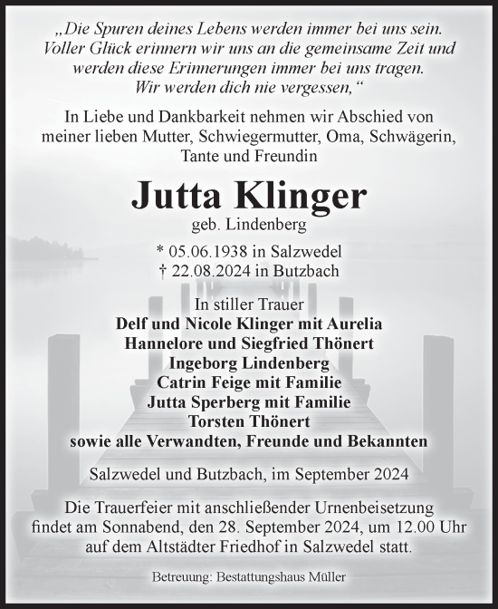 Traueranzeige von Jutta Klinger von Volksstimme Altmark West