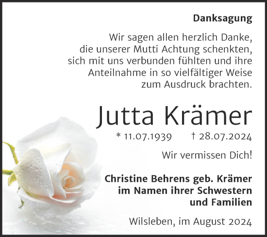 Traueranzeige von Jutta Krämer von Trauerkombi Aschersleben