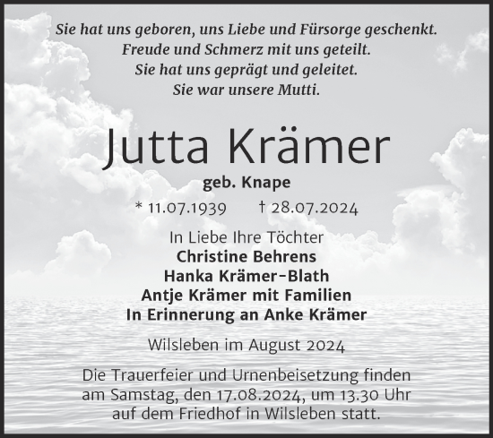 Traueranzeige von Jutta Krämer von Trauerkombi Aschersleben