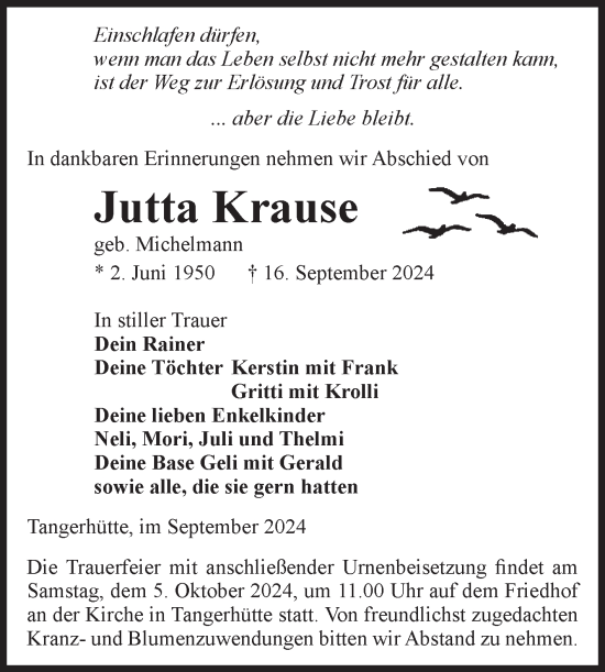 Traueranzeige von Jutta Krause von Volksstimme Altmark Ost