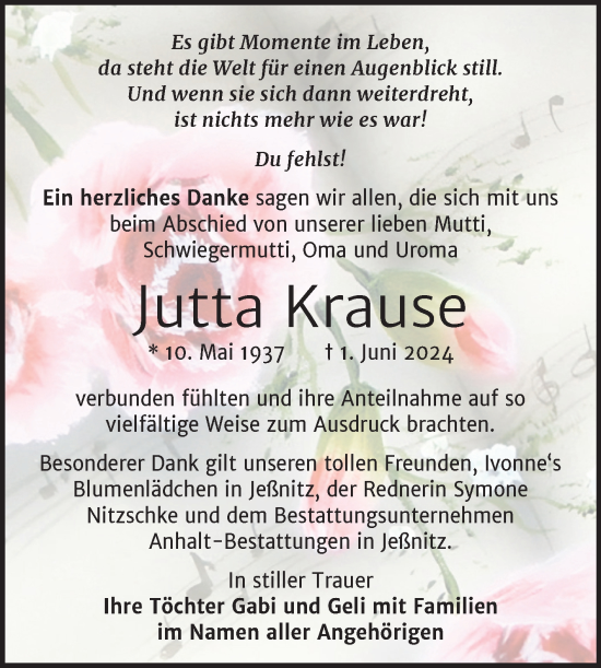 Traueranzeige von Jutta Krause von Trauerkombi Bitterfeld
