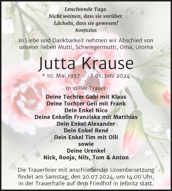 Traueranzeige von Jutta Krause von Trauerkombi Bitterfeld