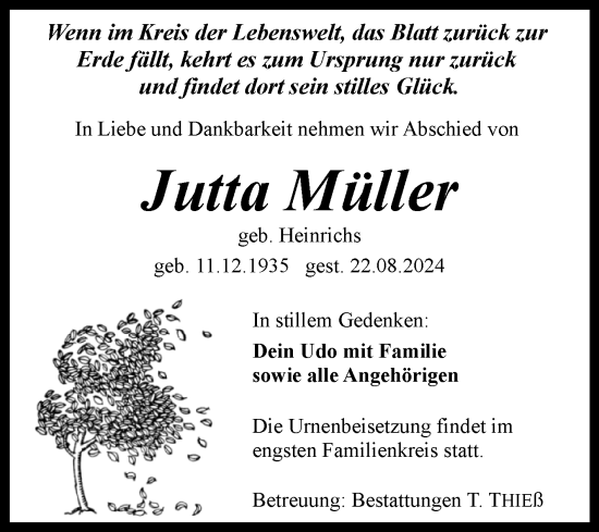 Traueranzeige von Jutta Müller von Volksstimme Wernigerode