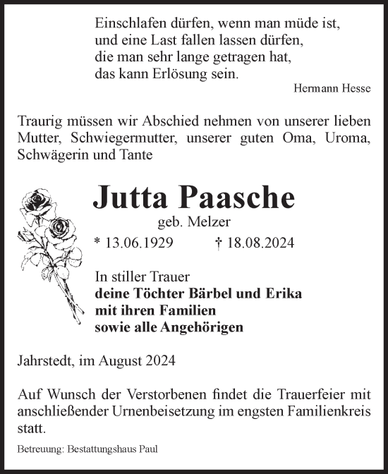 Traueranzeige von Jutta Paasche von Volksstimme Altmark West