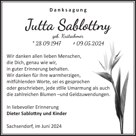 Traueranzeige von Jutta Sablottny von Volksstimme Schönebeck