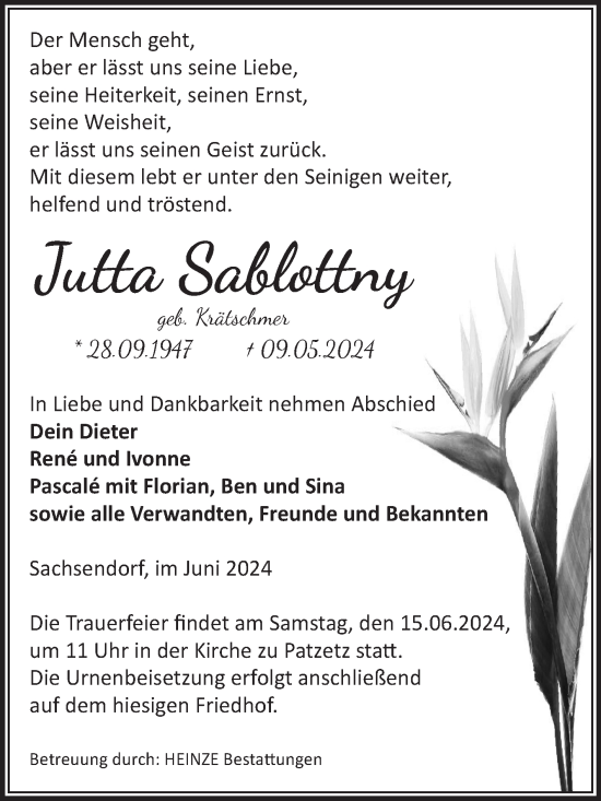 Traueranzeige von Jutta Sablottny von Volksstimme Schönebeck