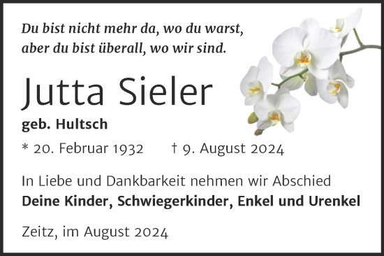 Traueranzeige von Jutta Sieler von Trauerkombi Zeitz