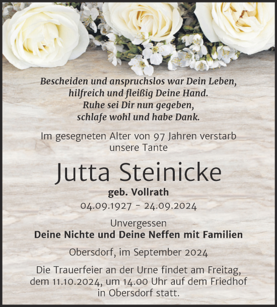 Traueranzeige von Jutta Steinicke von Trauerkombi Sangerhausen