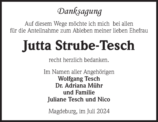 Traueranzeige von Jutta Strebe-Tesch von Volksstimme Magdeburg