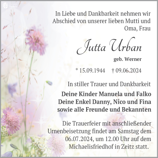 Traueranzeige von Jutta Urban von Trauerkombi Zeitz