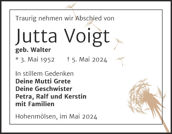 Traueranzeige von Jutta Voigt von Trauerkombi Weißenfels