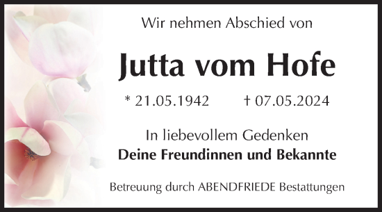 Traueranzeige von Jutta vom Hofe von Volksstimme Magdeburg