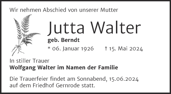 Traueranzeige von Jutta Walter von Mitteldeutsche Zeitung Quedlingburg