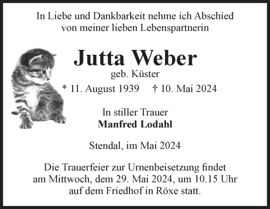 Traueranzeige von Jutta Weber von Volksstimme Altmark Ost